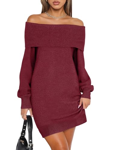 ANRABESS Womens Off The Shoulder Sweater Dress Casual Loose Knit 2025 Fall Winter Trendy Long Sleeve Pullover Mini Dresses Berry Red M