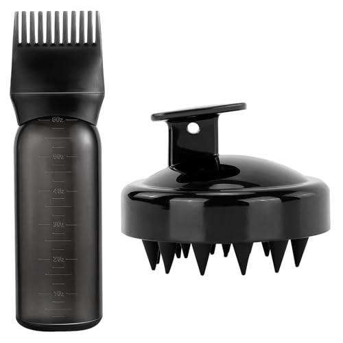Kisvic 2 Stück Haaröl Applikator Wurzelkamm Applikator Flasche und Haare Massagebürste Hair Oil Applicator Bottle - Zuverlässiges Haarstyling Werkzeug für Haarfärbemittel Färbung Schwarz