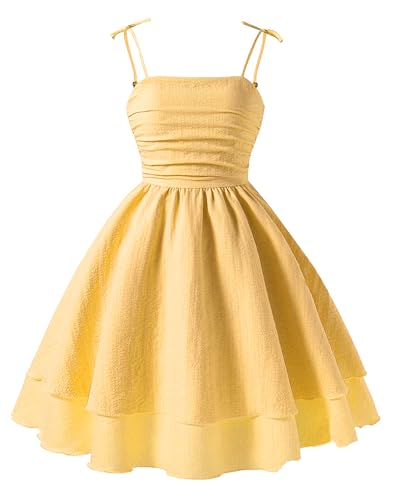 Happy Cherry Girls Spaghetti Strap Smocked Dress Layered Beach Sundress A-Line Midi Dresses 8-12 Years