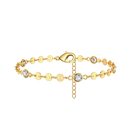 Image of Womens Dainty Gold Chain Bracelet,Simple Layered Chain Bracelets,Beaded Turquoise Bracelet,Charm Crystal Bar,Heart,Karma,Triangle,Pearl Bracelets for Women