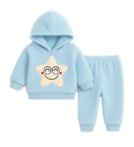 Image of Bold N Elegant Unisex Kids Fleece Printed Smiling Star Warm Fur Pullover Sweatshirt Hoodie Tshirt and Jogger Pant Winter Clothing Set Dress