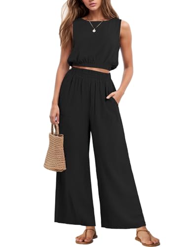 GRECERELLE Two Piece Sets for Women Sleeveless Crop Top Wide Leg Pants Sweat Set for Women Tracksuits 2025 Summer