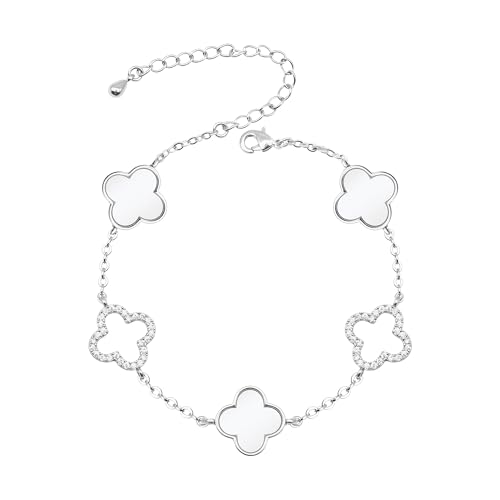 Clover Bracelet for Women 18k Gold Plated Silver Lucky Four Leaf Link Chain Bracelets Charm Trendy Jewelry Gifts for Women (Silver-White)