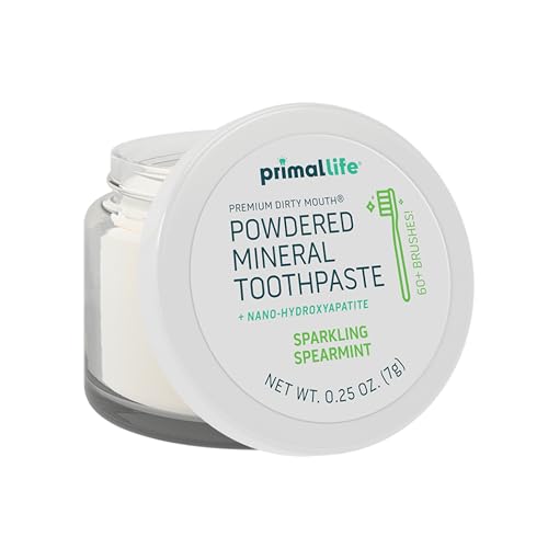 Primal Life Organics Dirty Mouth Toothpowder, Tooth Cleaning Powder, Flavored Essential Oils, Hydroxyapatite, Natural Kaolin, Bentonite Clay, USE: 60+ Brushings, Paleo, Organic, Vegan Spearmint 0.25oz