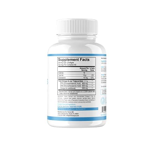 Revive MD Omega 3 Fish Oil Supplements for Men & Women – Softgels with EPA & DHA Fatty Acids for Healthy Skin & Joints, Heart & Brain Support – Vegan-Friendly, Gluten-Free (120 Softgels)