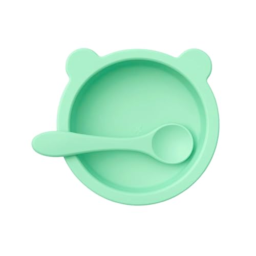 Image of Silicone Baby Feeding Bowl and Spoon Set for Babies with Suction Base, BPA-Free, Non-Slip, Safe for Infants and Toddlers Mealtime (Green)
