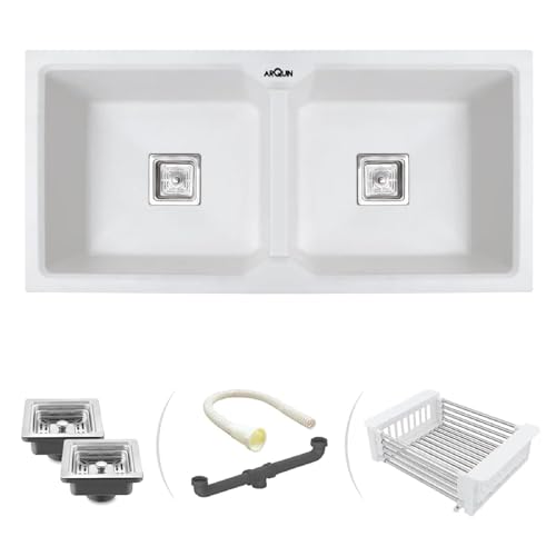 Image of ARQUIN Double Bowl Quartz Kitchen Sink 37x18x9 Inch White | Durable & Scratch-Resistant Sink | Undermount,Topmount | Including Coupling,Sink Connector,Waste Pipe & Fruit Washing Basket
