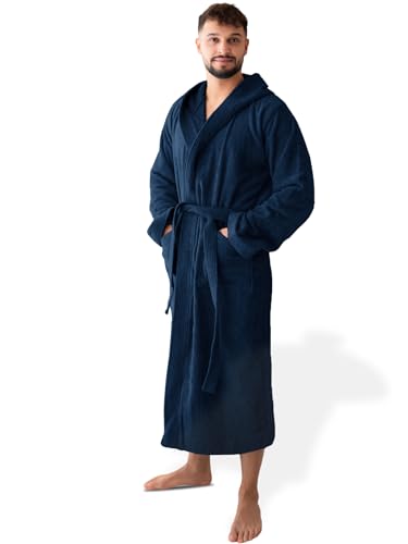 SIEGENTHAL® Herren Bademantel Frottee Velours 100% Baumwolle - Kapuzenbademantel, weich, saugfähig, warm, lang, Luxus, Premium, Wellness, Spa, hochwertige Verarbeitung, Dunkelblau M L