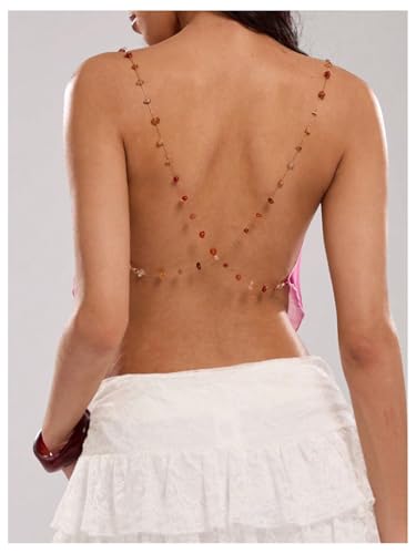 Women's Boho Floral Beaded Chain Camisole Top Backless Draped Neck Sleeveless Low Cut Crop Tops2