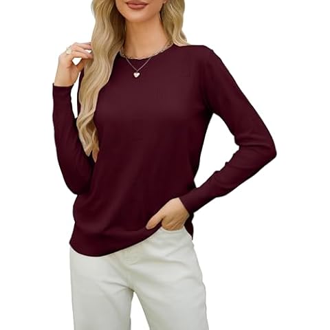 Iandroiy Women's Fall Sweater Long Sleeve Crewneck Shirts Knit Tops Relaxed Fit Casual Basic Tee Pullovers (2X-Large, Wine Red) Cover
