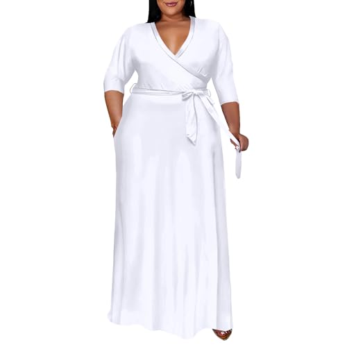 Image of Runwind Plus Size Dress for Women - 3 /4 Sleeve V Neck Maxi Dresses for Women (XL-6XL)