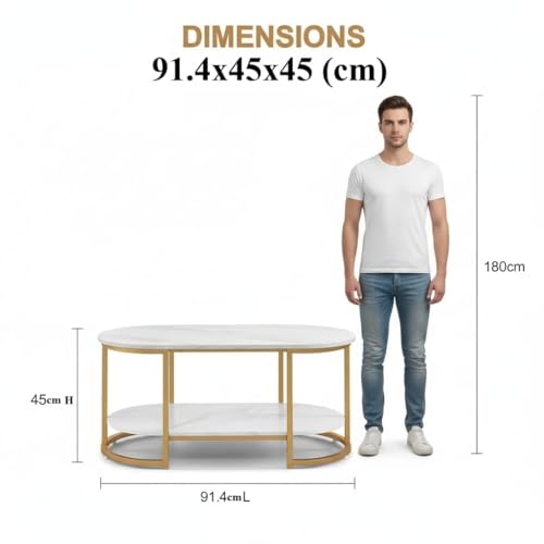 Image of Shoppee Modern 2-Tier Center Table with Engineered Wooden Top & Gold Metal Frame, Cocktail Sofa Table Living Room, Elegant Coffee Table - for Home, Office, Dining (Black & Gold)