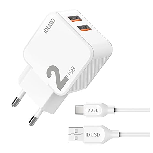 IDUSD Cargador Doble USB 2.4A con Cable 2 Metros USB Tipo C Blanco, Enchufe Cargador de Pared USB 2 Puertos Compatible Samsung S21S20 Huawei P40 Pro P30, Xiaomi Redmi 10 OPPO Vivo Tablet (Blanco)