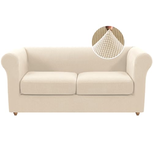 H.VERSAILTEX 3 Pieces Loveseat Slipcovers for 2 Cushion Couch Stretch Traditional Chesterfield Loveseat Cover Mid Century Deep Seat Couch Cover, Thicker Jacquard Fabric(Medium Sofa, Natural)