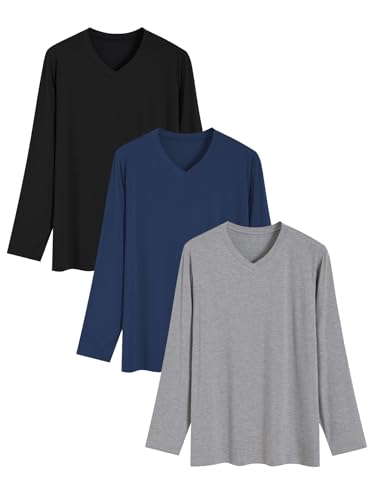 Latuza Men's Bamboo Viscose Pajama Shirt Long Sleeve Soft Sleep Top 3 Pack XL Black Deep Blue Light Gray