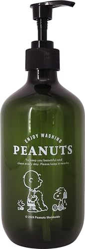 SNOOPY ソープディスペンサー 液体 手動 ポンプ かわいい スヌーピー 中身見える 透明 グリーン 500ml