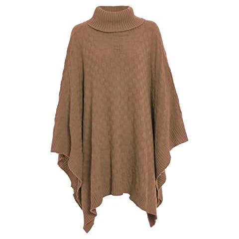 Crazy Girls Womens Ladies Cable Knitted Roll Neck Poncho Winter Cape Wrap Shawl Jumper UK 8-22, Camel (OneSize - UK 8-22) Cover