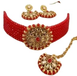 Alloy Traditional Necklace & Bindi With Earrings Set For Girl & Women's (Red, Gold, Maroon, Grey)