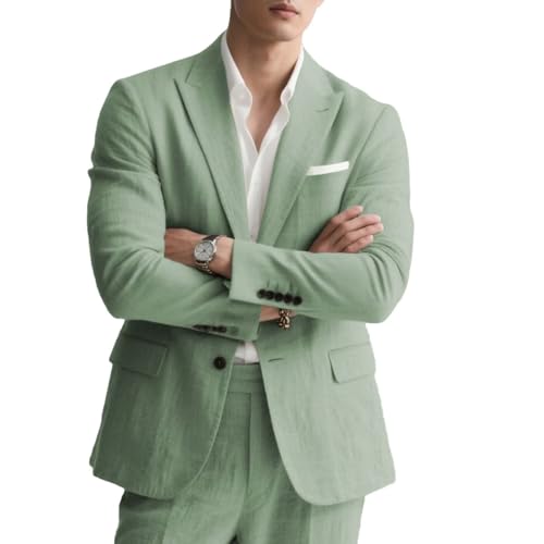 Linen Retro Mens Suit 2 Pieces Light Weight Linen Tuxedo Suit Summer Suits Jacket Blazer Pant for Men Wedding Party