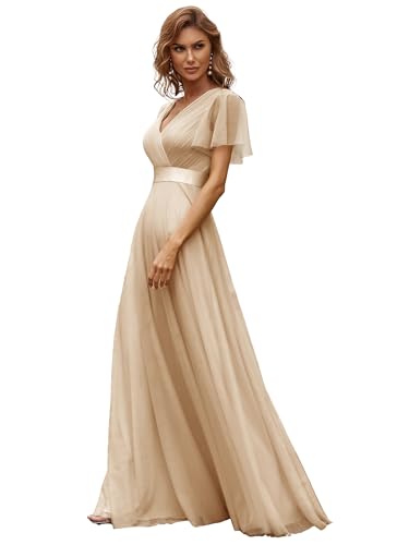 Ever-Pretty Robe de Mariage Col en V Manches Courtes A-Line Taille Empire Longue Tulle Femme...