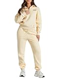 Herseas Womens 2 Piece Vacation Outfits Sweatsuit Plus Size Half Zip Pullover Sweatshirt Joggers Pants 2025 Fleece Tracksuit Matching Set Beige Large 12 14