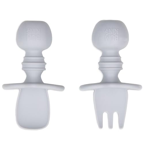 Image of Bumkins Baby Utensils Set, Chewtensils Silicone Spoons for Dipping, Self-Feeding, Baby Led Weaning, Trainer Learning, First Stage Eating, Soft Practice Fork and Spoon, Babies 6 Months, Gray
