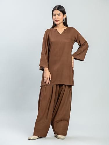Image of Womens Rayon Solid Straight Kurta Farshi Salwar Set