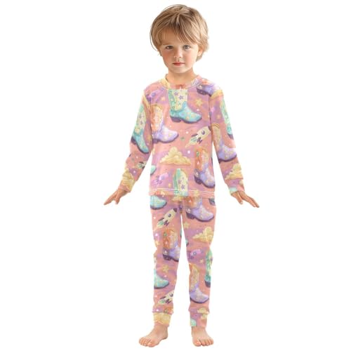 Pajama Sets Long Sleeve Cowboy Boots with Rocket Soft Comfy Sleepwear 2 Piece PJS 3-8T2
