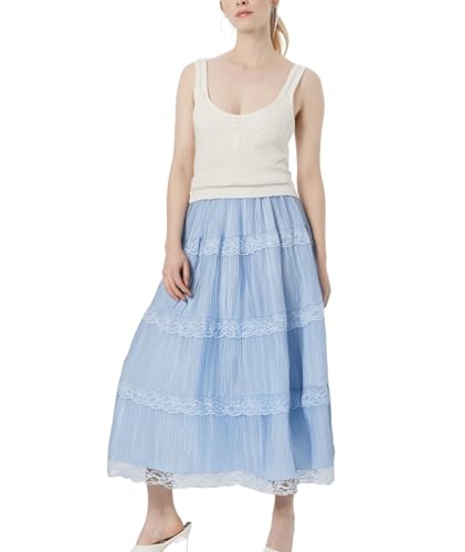 Womens Elastic High Waisted A Line Midi Skirt Trendy Layered Lace Pleated Cute Skirts