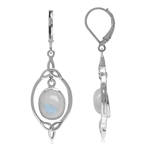 Silvershake Natural Moonstone 925 Sterling Silver Triquetra Celtic Knot Drop Dangle Leverback Earrings
