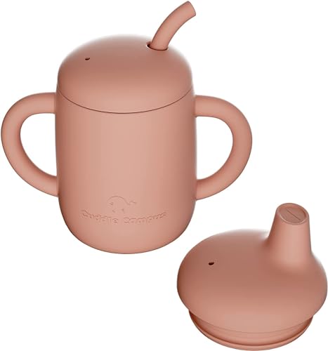 Image of Cuddle Campus Sippy Cups 7OZ, [4 in 1] Baby Cups, Shatterproof Silicone Straw Cup,Open Cup for 6M, 6M+,6-12 Months,1/1+ Year Old Baby,Toddler (Peach Cobbler, 7 OZ(1 Cup+2 Lids))