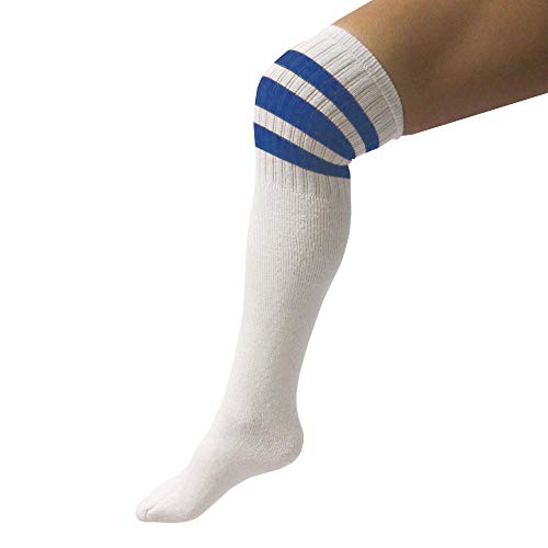 Dreamfield 4 Pairs Casual Knee High White Tube Socks Long Athletic Blue Stripe Sports 10-153