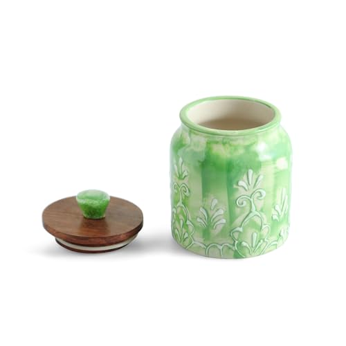 Image of ExclusiveLane 'Green Keepers' Airtight Ceramic Jars for Kitchen Storage (Set of 4, Each Jar Capacity : 390 ml, 13.5 Cm) | Ceramic Jar with Wooden Lid Salt Jars Multi-Utility Snacks Jars & Containers