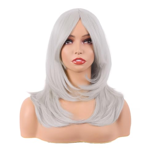 Image of MapofBeauty 20 Inch /50 cm Long Layered With Bangs Straight Synthetic fiber Shoulder Length Hair for Daily Use or Party Wig (Silver)