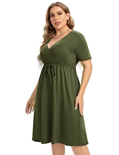 Image of Plus Size Dress Women's V Neck A-Line Knee Length Wrap Mini Dress with Belt Plus Size Dresses for Curvy Womenolive-cs 5X-Large