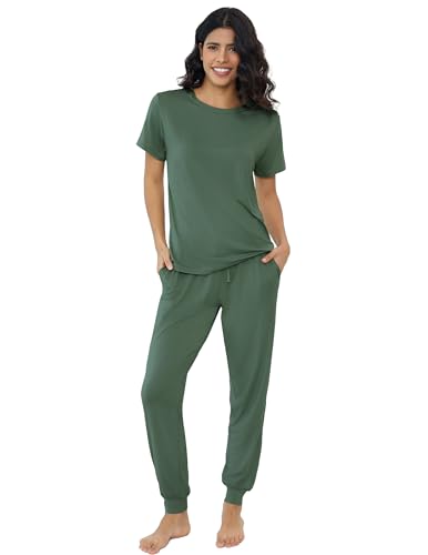 Joyaria Womens Bamboo Viscose Pajamas Jersey Knit Pjs Lightweight Sleepwear(Olive, Large)