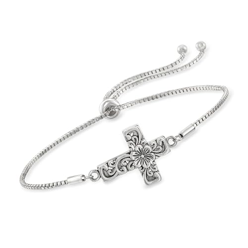 Ross-Simons Sterling Silver Bali-Style Floral Cross Bolo Bracelet
