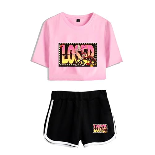 LKY STAR Women Girls T-shirts and Shorts Set Hazbin Hotel Merch Charlie Morningstar Vaggie Casual Crop Top and Shorts Summer Streetwear 2pcs