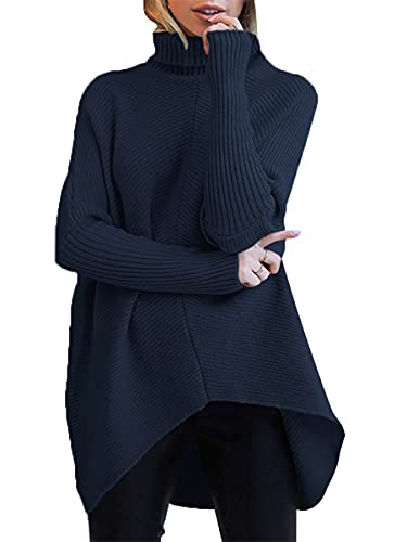 Image of ANRABESS Women's Sweaters Casual Long Sleeve Cowl Neck Solid Color Pullover Knit Sweater Tops A87zanglan-M Navy Blue