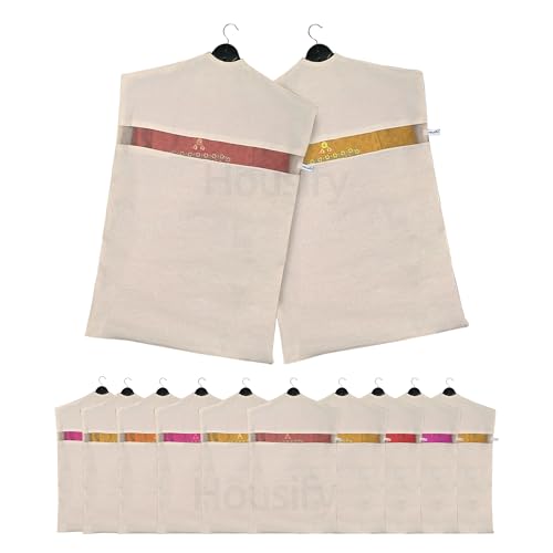 Hanging Cotton Saree Covers with Zip (Set of 12) of 30x 18 (Inches) For saree storage bags | Haniging Cotton Saree Cover/Bags for Saree/clothes (HANGERS ARE NOT INCLUDE WITH SAREE COVER) (12)