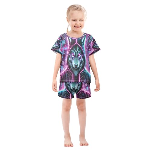 Neon Wolf Purple Pajama Set Short Sleeve Sleepwear Soft Pajamas Shorts Sets Cotton PJS 5Y3
