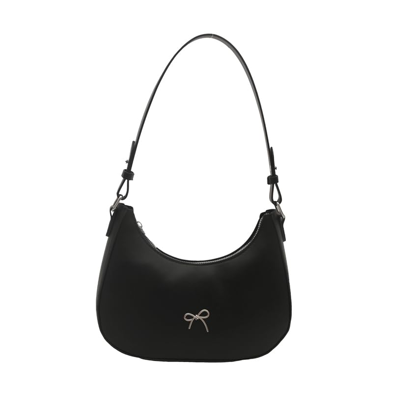 Women PU Underarm Bag with Zipper Bowknot Handbag Solid Color Leather Shoulder Bag Half Moon Bag for Vacation Travel Commuting
