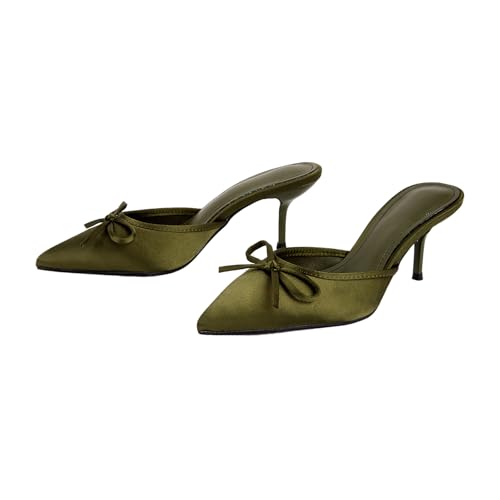 Women's Satin Bow Closed Pointed Toe Stiletto Dress Mules Fashion Elegant Slip On Kitten Heels Backless Slingback Pumps Sandals for Formal Wedding Party
