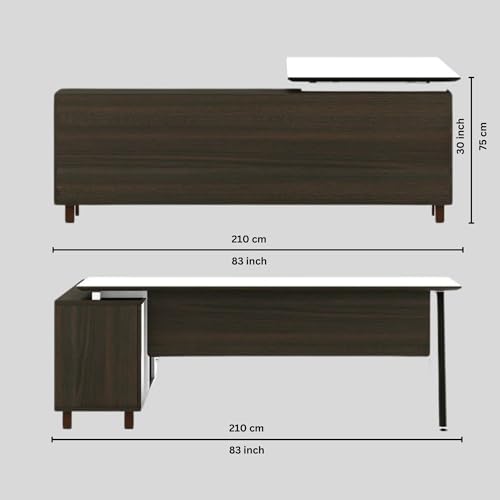 Image of Lakdi The Furniture Co-Director and Executive L Shape Office Table Made in Particle Board with Metal Frame and Drawers and Pedestal Oak Finish with File Cabinet and Pedestal - (LDL-562)
