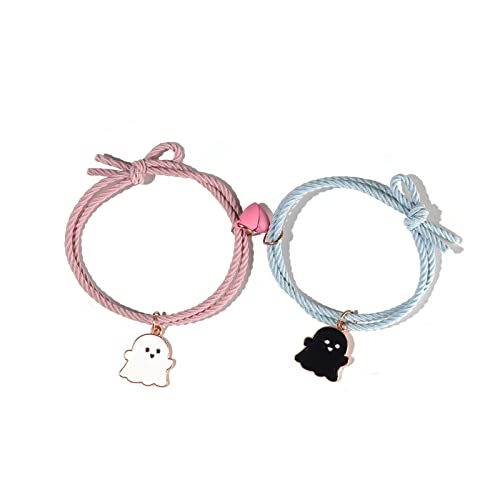 Image of 2Pcs Love Heart Couple Matching Bracelet Set Adjustable Braide Rope Halloween Mummy Ghost Pumpkin Hat Wizard Bracelet for Women Men Lover Friend Friendship Jewelry