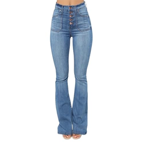 Akivide Casual Stretchy Slim High Rise Flare Jeans for Women Button Fly Wide Leg Bell Bottom Denim Bootcut Jeans with Pockets