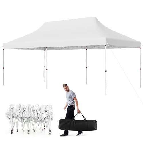 HOMASIS Gazebo Pieghevole Esterno Resistente con Tetto a Scomparsa, Protezione UV 50+, Tenda Regolabile in Altezza, Padiglione da Giardino con Borsa per Matrimonio, Festa, 3x6M (Bianco)