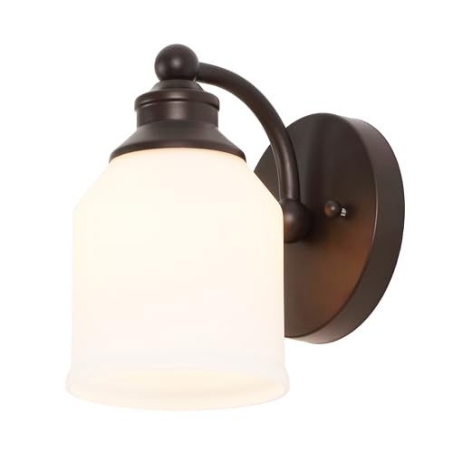 Image of JONATHAN Y 5.13 inch Oil Rubbed Bronze White 1-Light Metal Glass Candlestick Vanity Light Wall Sconce Farmhouse Transitional for Bathroom with Frosted Glass Shade LED Bulb Included JYL7549B