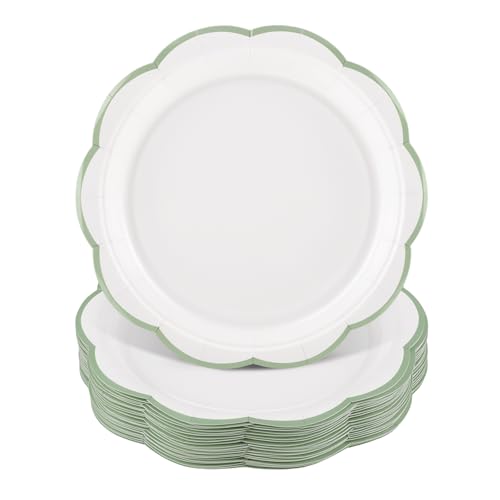 Image of NatNarr 30 Pcs Sage Green and White Paper Plates, 7 Inch White Plates with Sage Green Trim Scalloped Paper Plate Disposable for Baby Shower, Wedding, Bridal Shower, Birthday