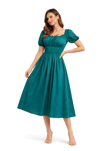 Image of BOOSTY Women's Puff Sleeve Smocked Midi Dress, Square Neck A-Line Dress